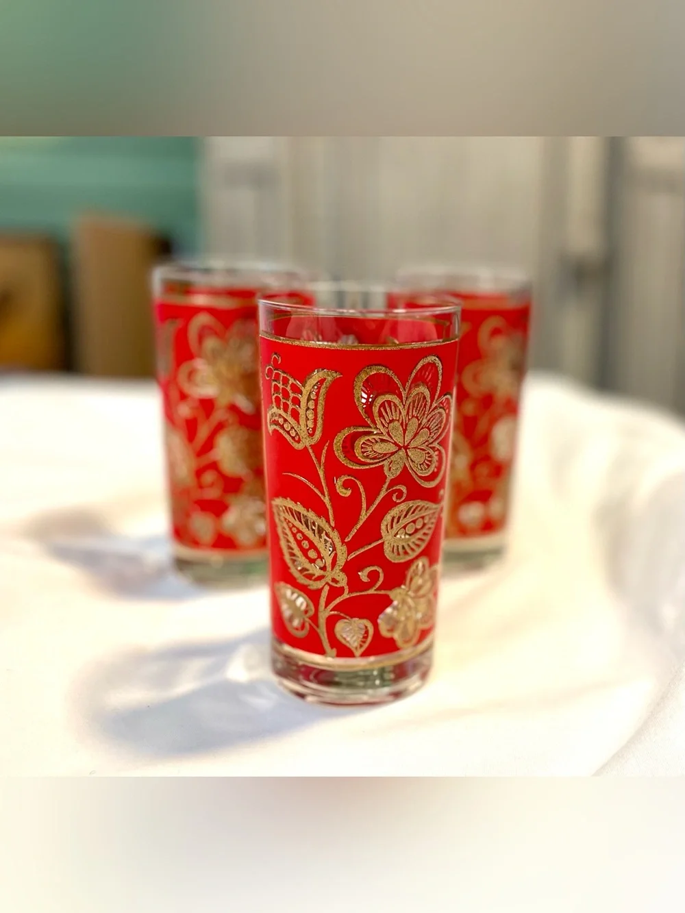 *VINTAGE* 3 MCM Libbey Gold/Red Tapestry Highball Glasses - Leaf/Floral Tumblers
